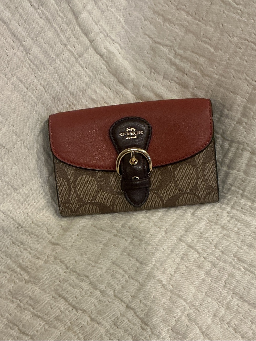 Coach Brown Signature Canvas Wallet with Red Flap and Dark Brown Trim